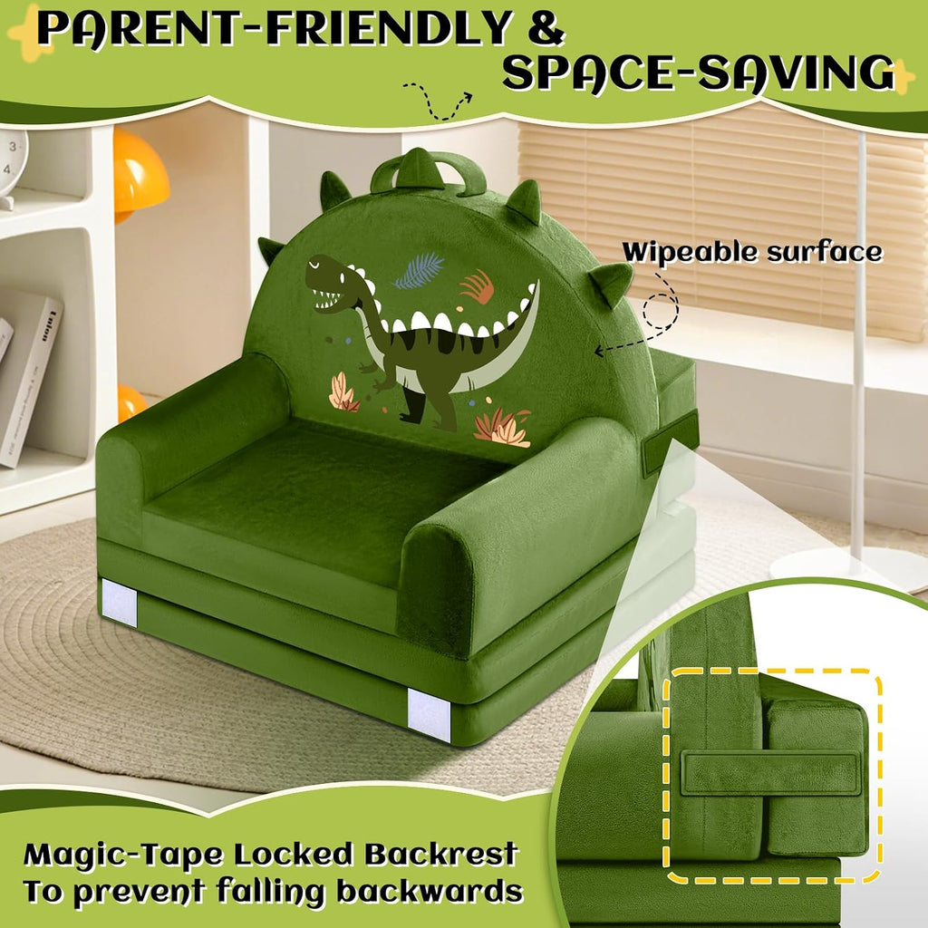 Dinosaur Kids Sofa Bed Ages 3+ with Washable Cover, Foldable Toddler Chair