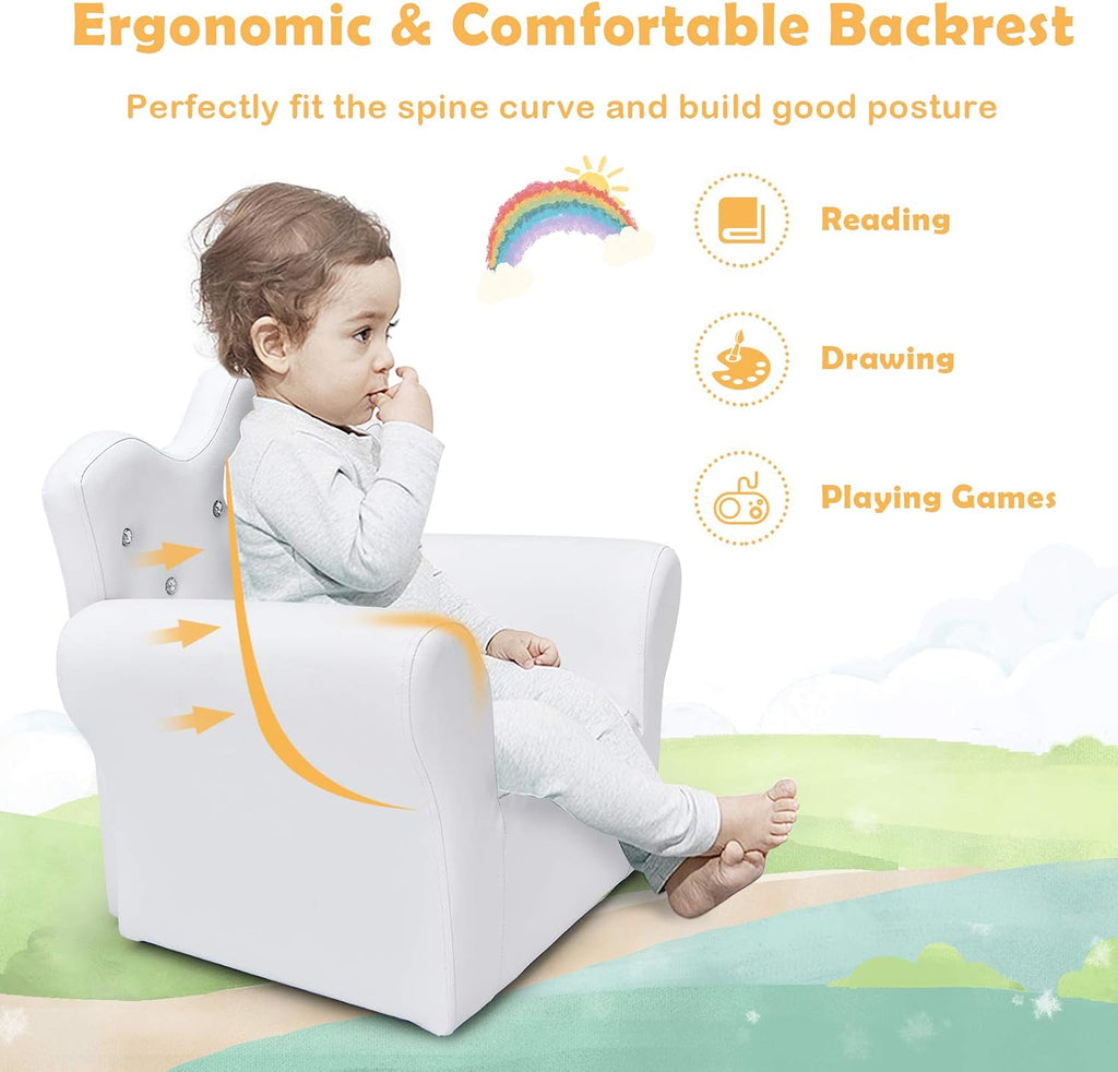 MAT EXPERT Toddler Couch with Ottoman, Kids Royal Sofa Couch with Smooth PVC Leather, Crown Shape & Diamond Buckle Decoration, Upholstered Kids Sofa, Ideal for Boys & Girls Age 3-5 (White)
