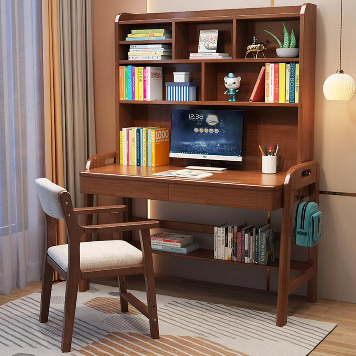 Kids Desk with Bookshelf, Height Adjustable Childrens Desk and Chair Set for 8-12 Year Old, Student Desk with Shelves, Drawer and Hooks, Large Storage Walnut Color 100cm Desk