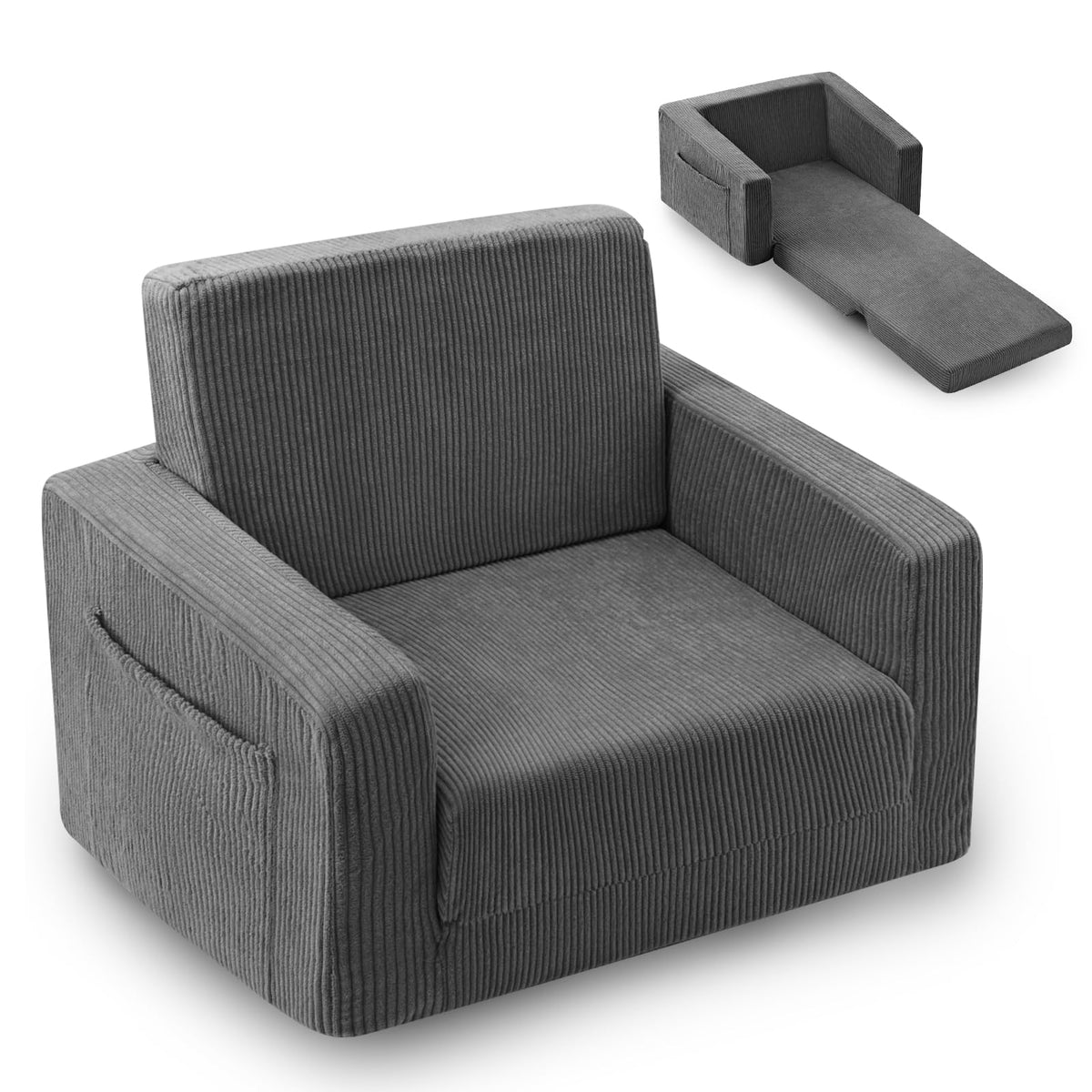 2-in-1 Kids Chair and Couch, Larger Cozy Corduroy Kids Sofa, Grey