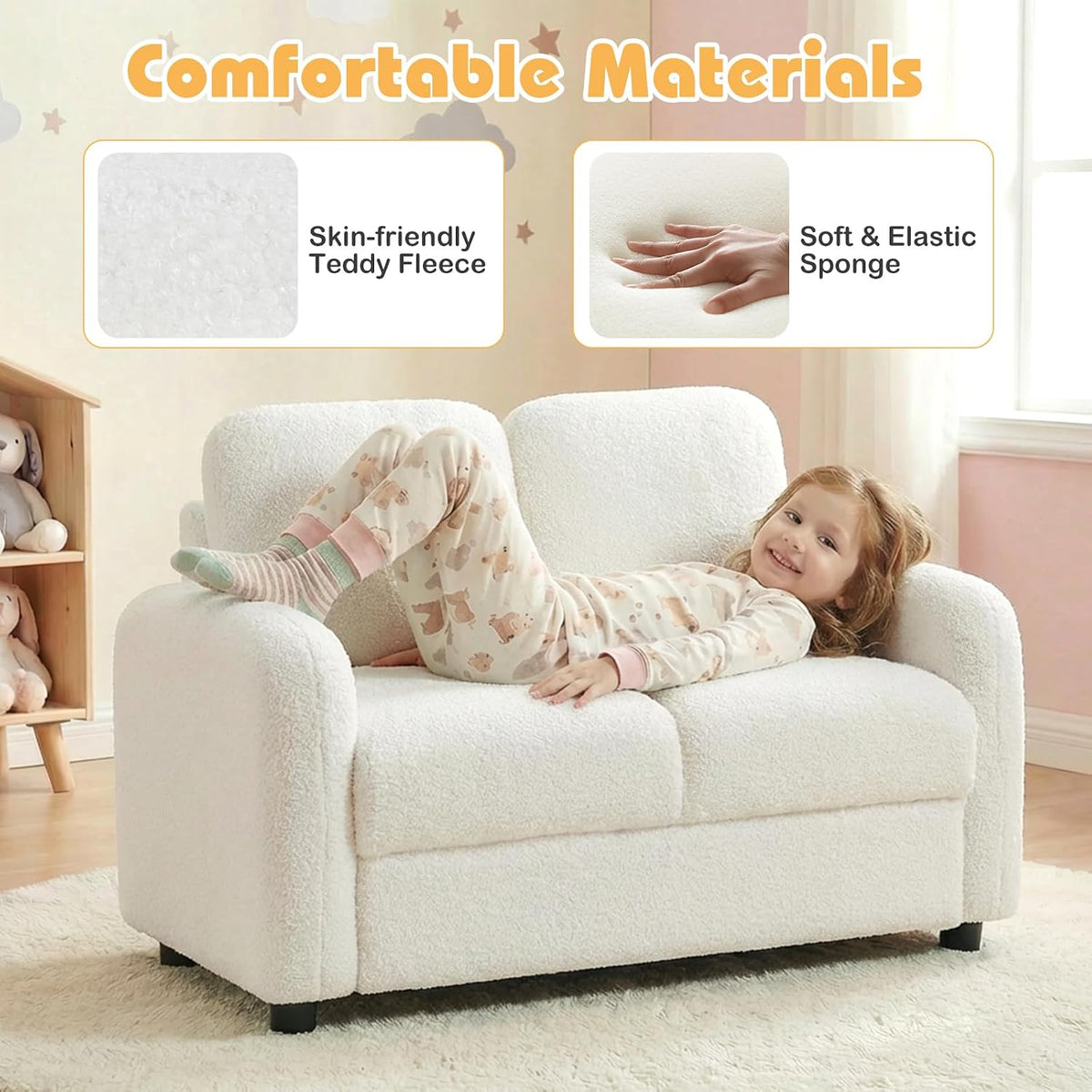 HONEY JOY Toddler Couch, Children Loveseat Sofa Armchair w/Wooden Frame, Teddy Fleece, Flexible Seating for Daycare, Preschool, Playroom, Upholstered Reading Couch, Kids Chair for Boys Girls (White)