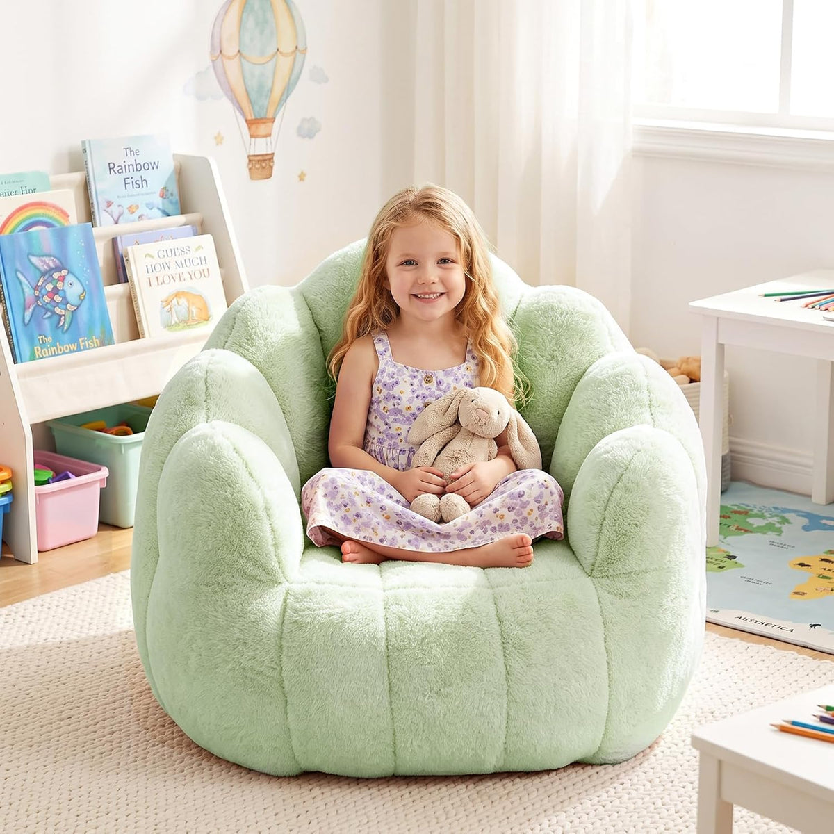 Kids Bean Bag Chair, Comfy Bean Bag Sofa with Handle for Boys Girls, Green