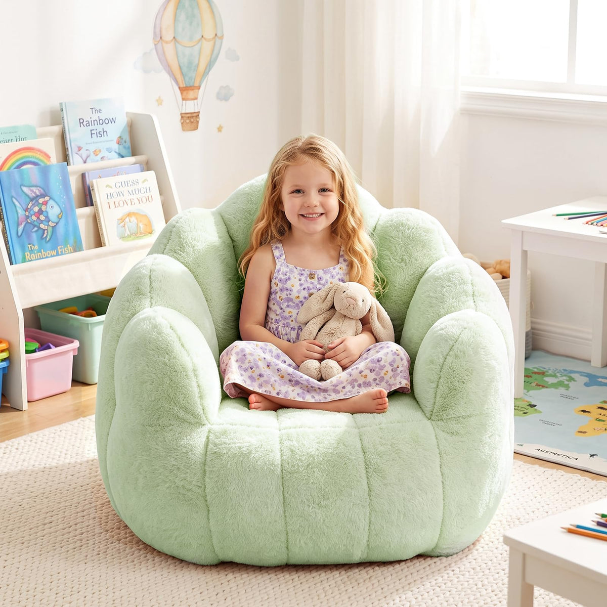 Kids Bean Bag Chair, Comfy Bean Bag Sofa with Handle for Boys Girls, Green