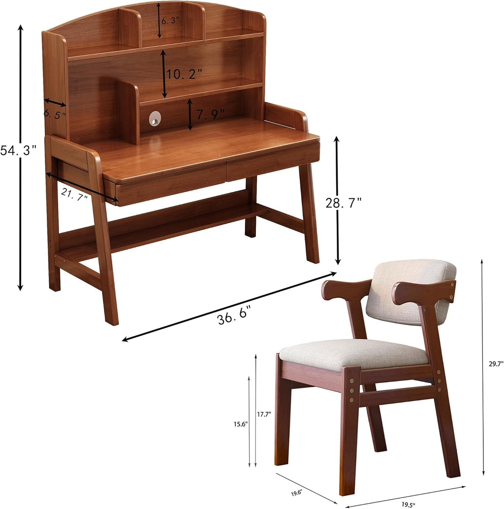 Kids Desk and Chair Set Wooden Children's Learning Table and Chair with Hutch and Two Drawers Children Study＆Writing＆Computer＆Workstation Desk for 3 and Above(Brown
