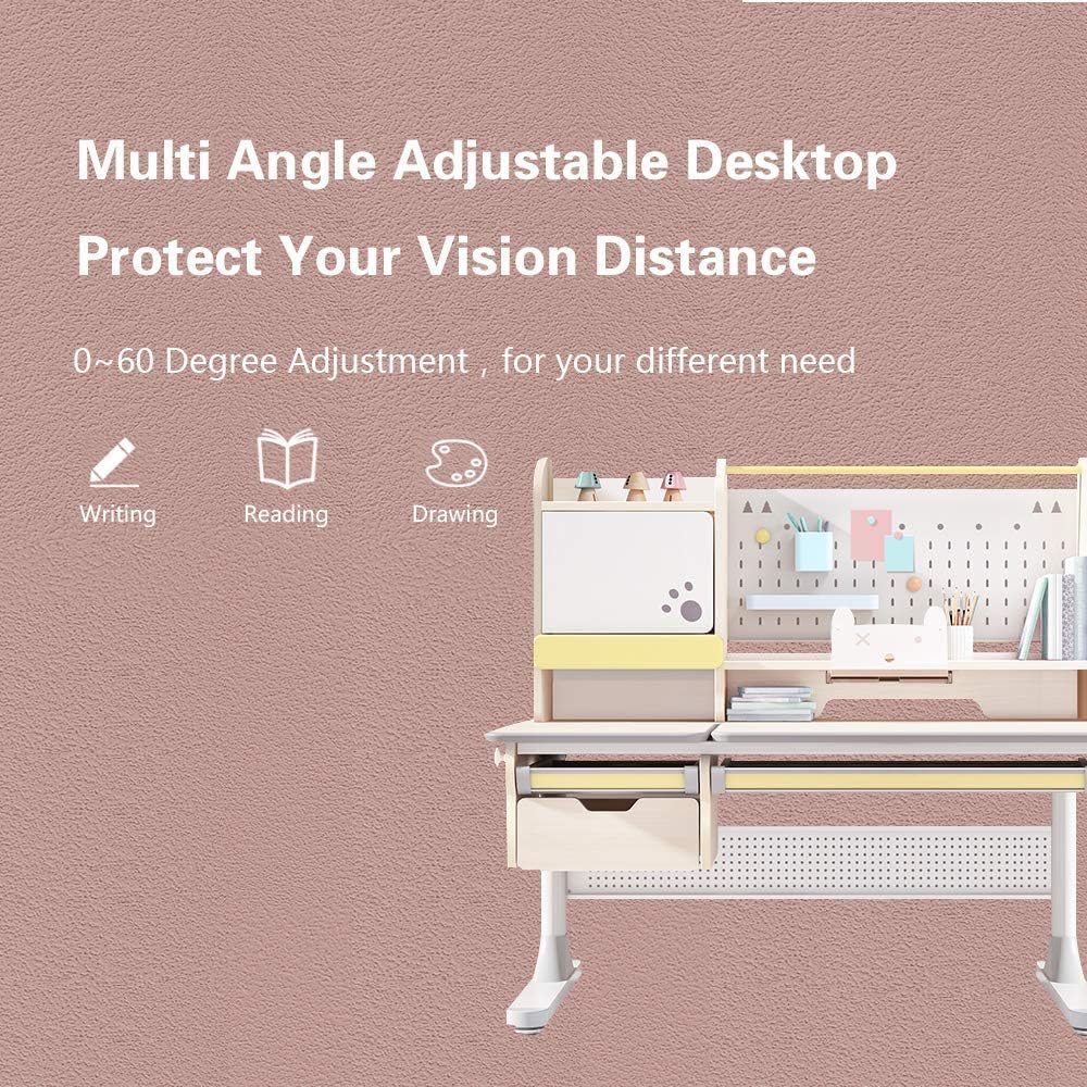 FCD Kids Desk and Chair, Wood Ergonomic Adjustable Multi Function Study Desk and Chair Set, Drafting Table and Computer Station with Tilt Desktop, Tablet Holder, Storage Cabinet and Drawers