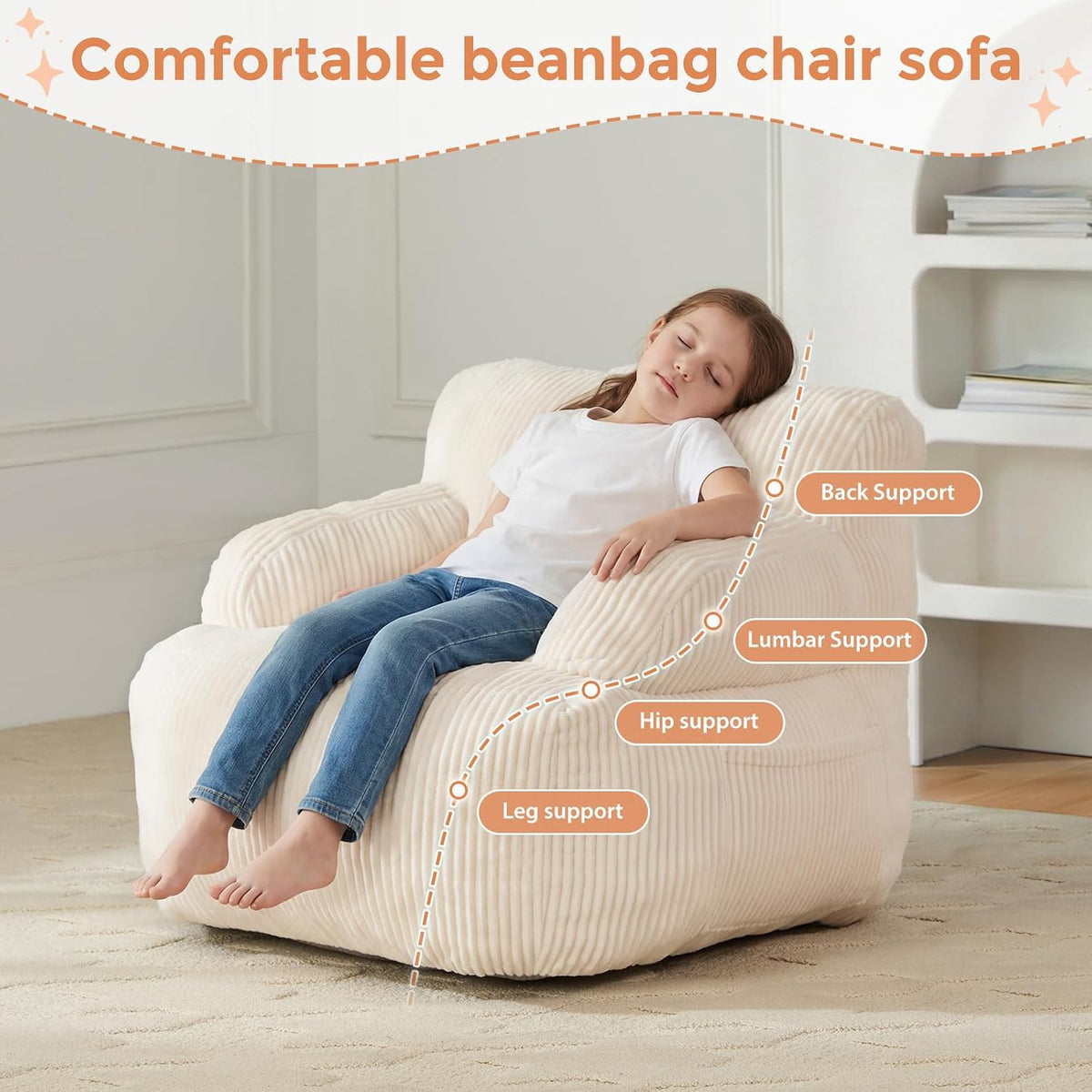 Bean Bag Chairs for Kids, Comfy Bean Bag Sofa for Boys & Girls, Beige