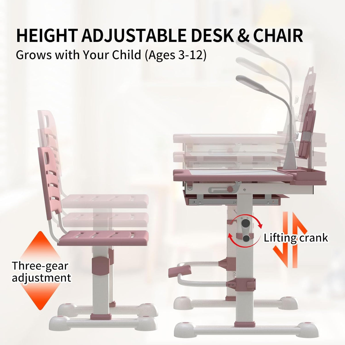 Height Adjustable Pink Desk and Chair 2PCS Set for Kids Aged 4-12