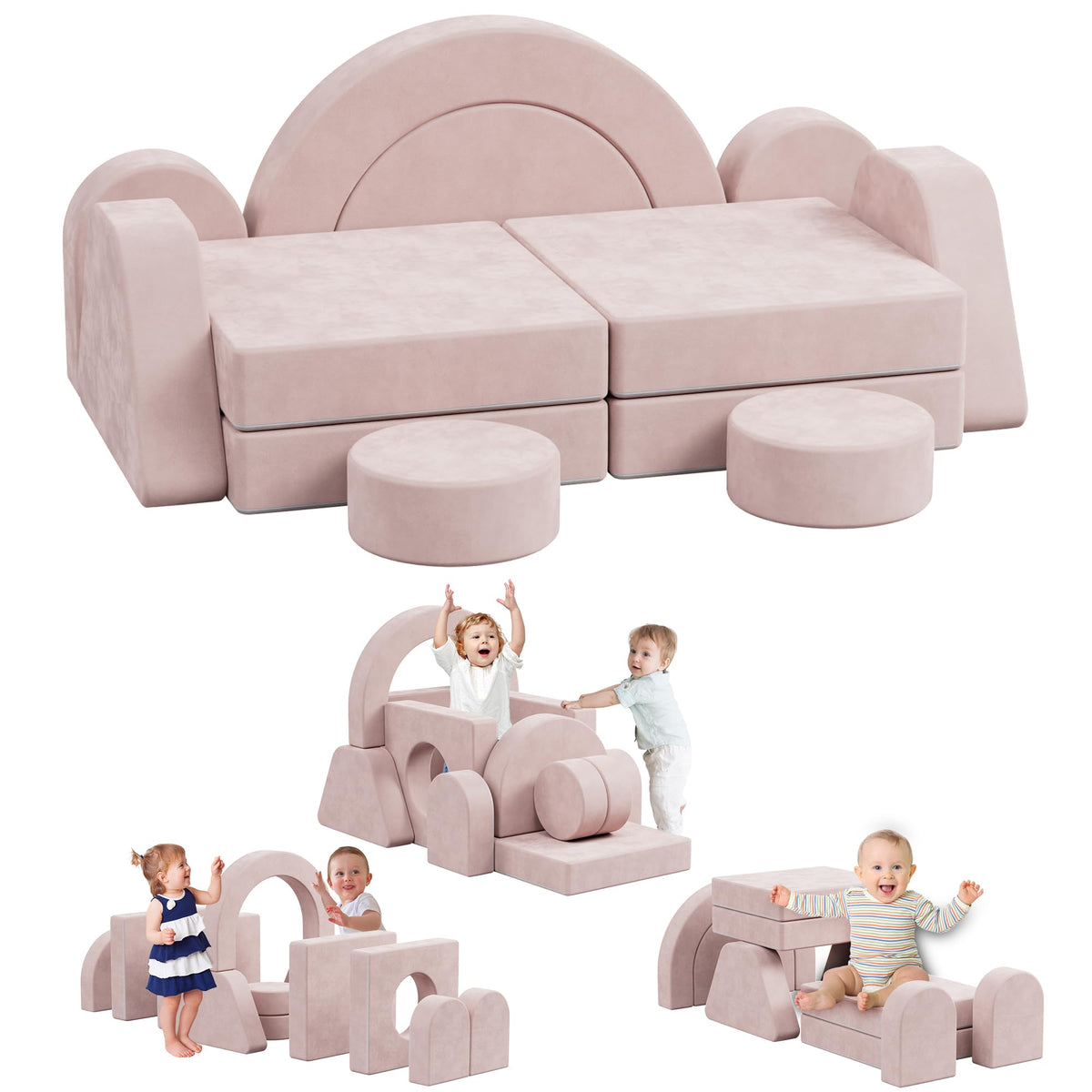 HedoAjim 7 PCS Modular Kids Play Block Sofa Child Couch Toddler Building Fortplay Bedroom Playroom Baby Convertible Floor Foam Cushion for Boys & Girls(Beige-Single)
