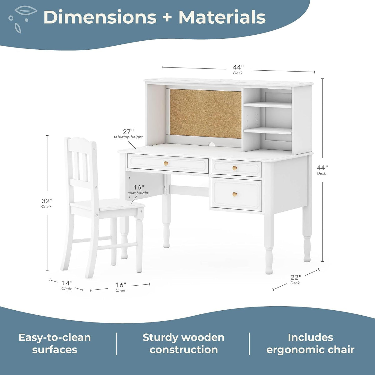 Guidecraft Avery Kids' Desk, Hutch and Chair Set - White: Children's Wooden Computer Desk with Storage Shelves and Drawers, Study Table and Chair for Girls