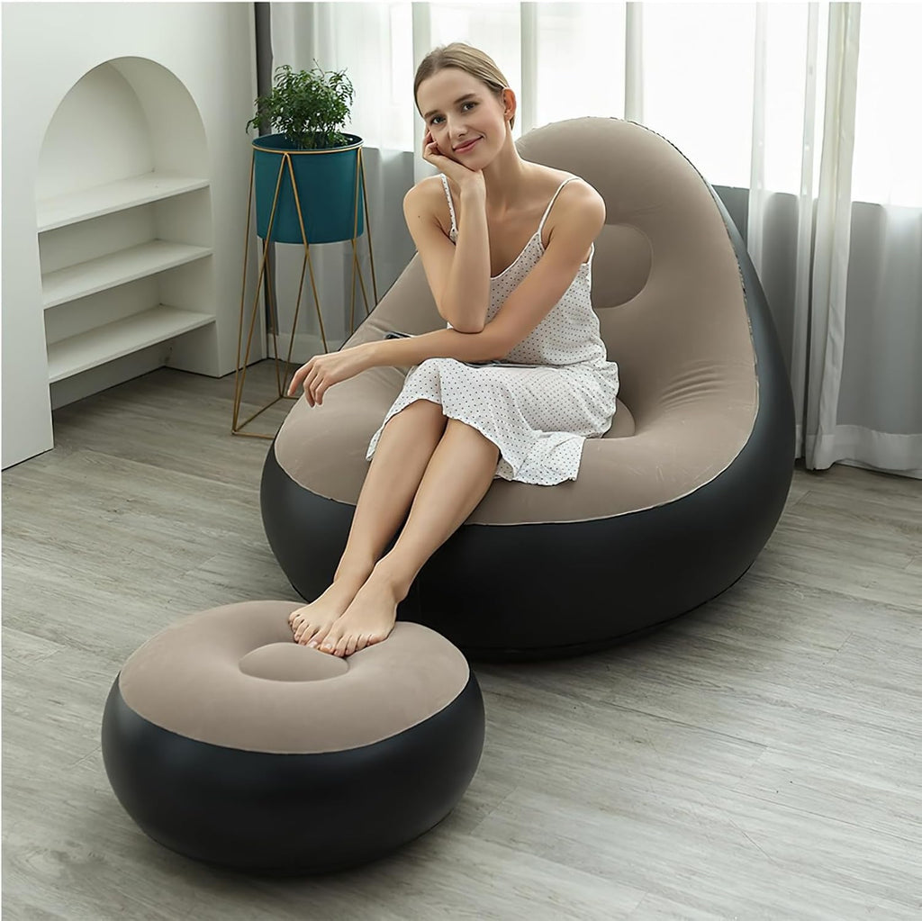 Plush Inflatable Sofa with Foot Pedals, Japanese Lazy Sofa, Thick Seat Cushion, Tatami Style (Brown)