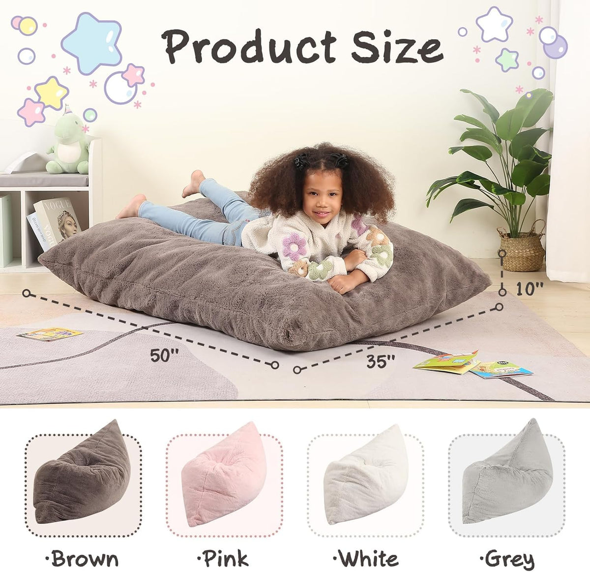 MOMCAYWEX 3-in-1 Kids Bean Bag Chair, Giant Pillow Floor Cushion, 35" x 50" x 10", Dark Brown