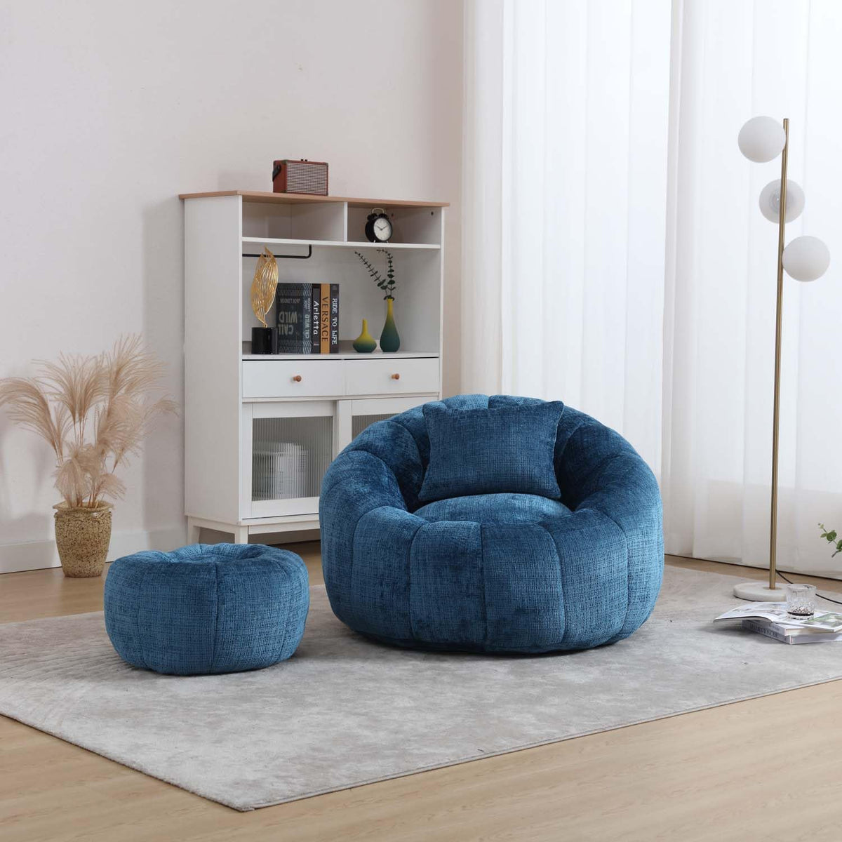 Round Cloud Bean Bag Chair, Leisure Floor Single Seater with Ottoman, Plush Chenille Sofa Chair, Lazy Bean Bag Chairs for Bedroom, Apartment and Living Room (Orange)