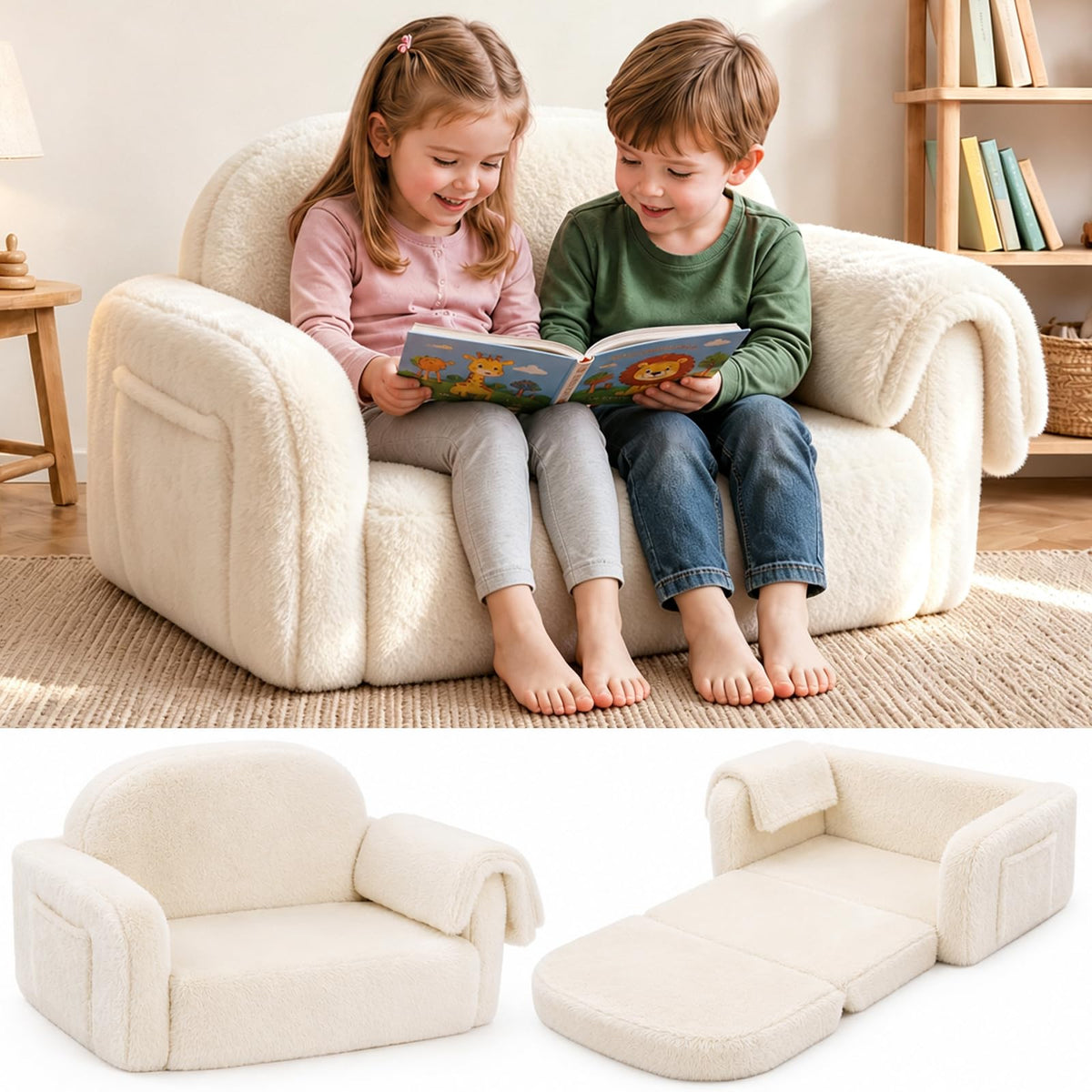 Foryoomi 2-in-1 Kids Plush Kids Couch, Extra Wide Toddler Couch with Bonus Blanket – Ultra-Thick Faux Fur Convertible Sofa Chair, Fold-Out Play Mat, Side Pocket & Carry Handle, Beige