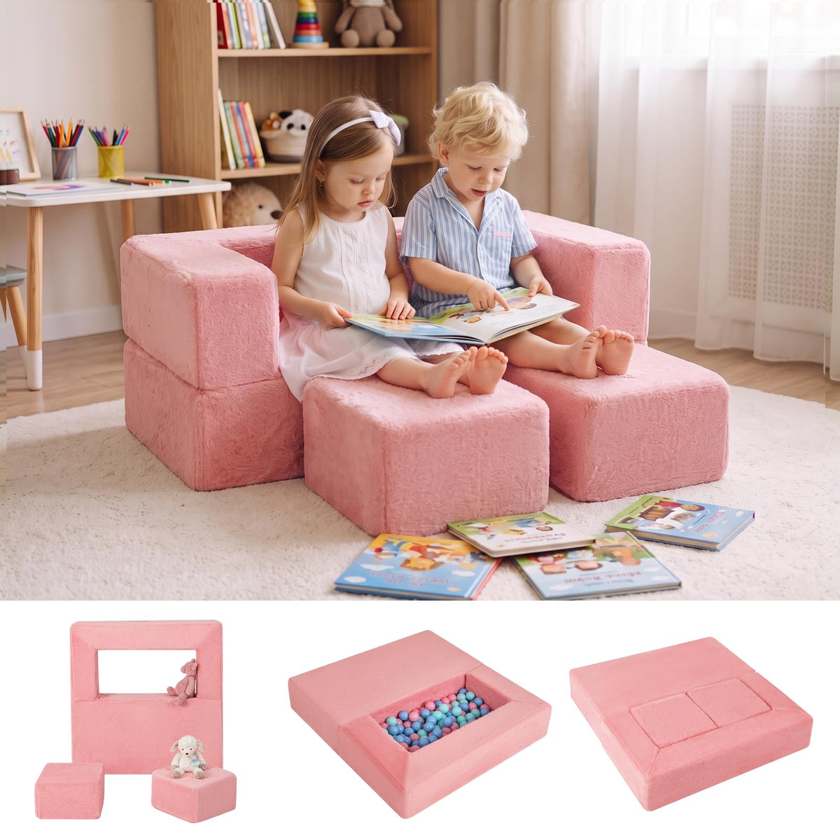 INFANS Modular Kids Play Couch, 6 PCS Toddler Creative Sectional Fort Building Sofa for Playroom, Bedroom, Children Convertible Soft Foam Furniture Playset and Floor Cushion for Boys and Girls
