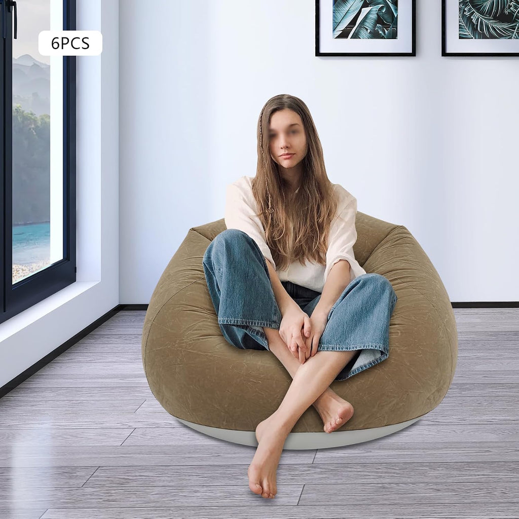 6 Pcs Inflatable Bean Bag Chairs for Adults with Foot Pump, 330lbs Capacity Blow up Couch Folding Portable Inflatable Couch Lazy Sofa for Living Room Reading Gaming (Coffee Color)