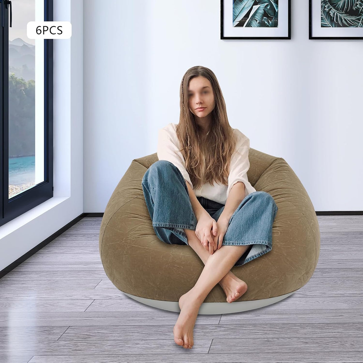 6 Pcs Inflatable Bean Bag Chairs for Adults with Foot Pump, 330lbs Capacity Blow up Couch Folding Portable Inflatable Couch Lazy Sofa for Living Room Reading Gaming (Coffee Color)