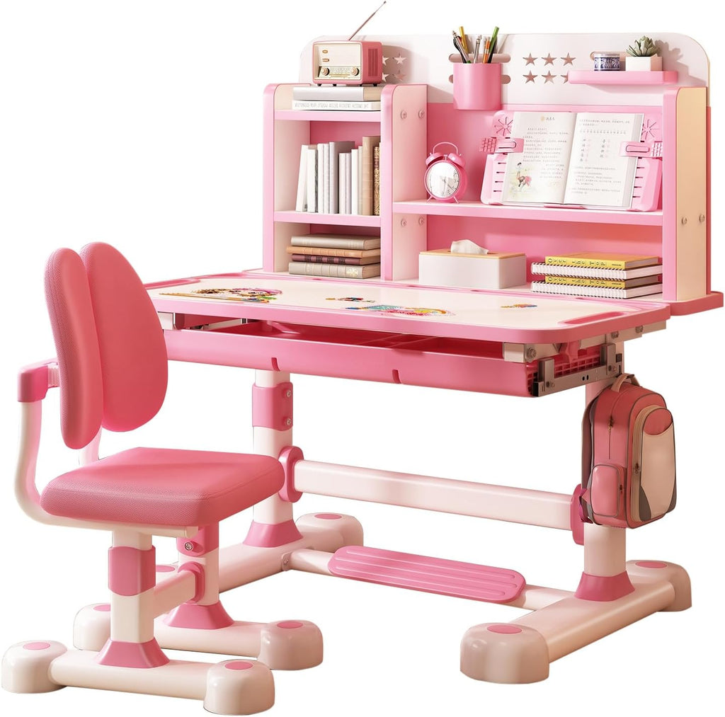 Kids Desk and Chair Set Toddler Desk Art Table for Kids School Desk Height Adjustable Kids Drawing Table with Sitting Corrector, Ergonomic Desk Chair with Book Stand, Foot Pedal Pink