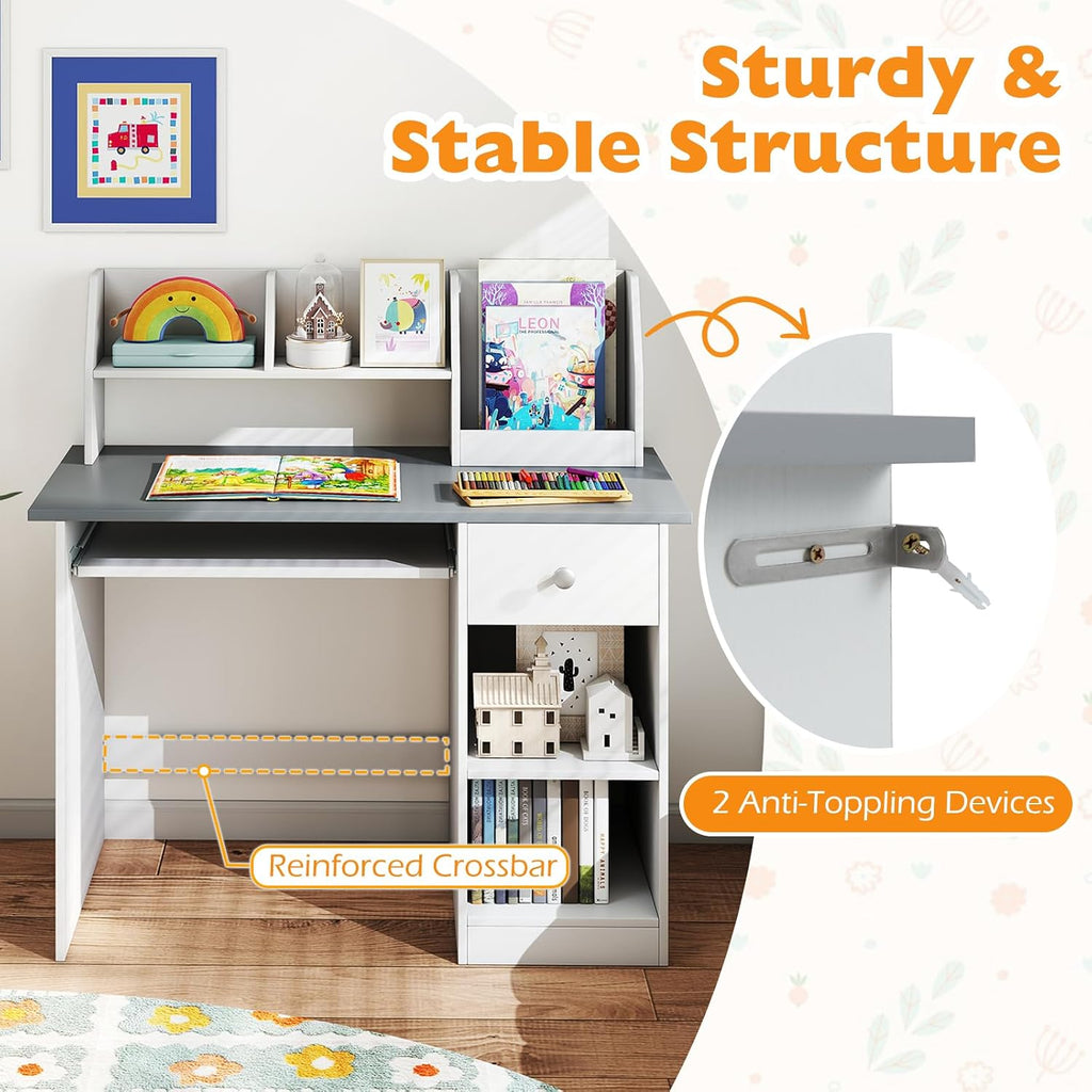 Costzon Kids Desk, Wooden Children Study Desk w/Hutch, Storage Shelves, Bookshelf & Keyboard Tray for Home School Writing or Reading, Computer Workstation Student Table for Boy Girl 3-6 (Gray)