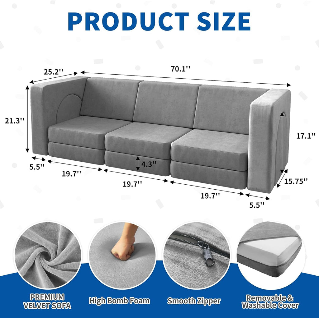 wanan Kids Couch 13PCS, Modular Kids Play Couch for Playroom Bedroom, 13 in 1 Multifunctional Kid Sofa for Playing, Creativing, Sleeping, Indoor Toddler Couches for Boys and Girls(Grey)