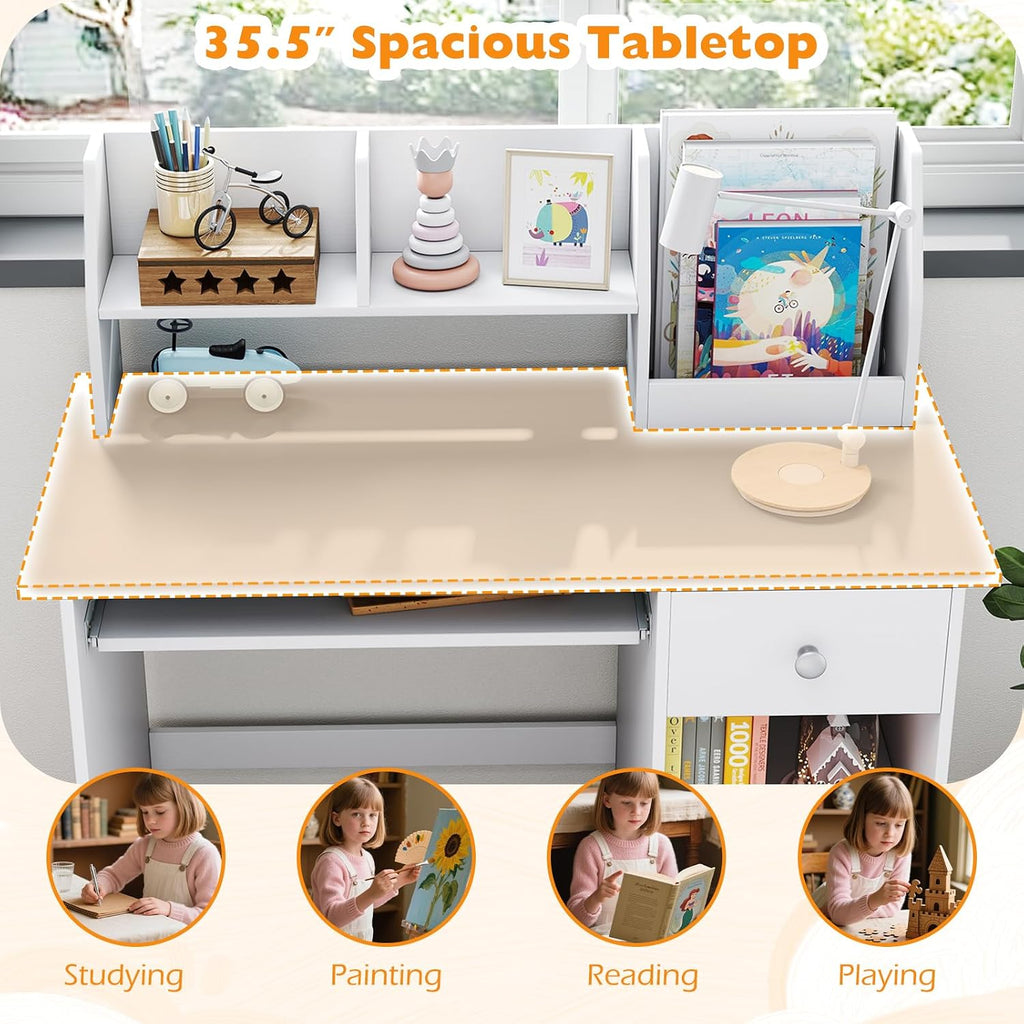 Costzon Kids Desk, Wooden Children Study Desk w/Hutch, Storage Shelves, Bookshelf & Keyboard Tray for Home School Writing or Reading, Computer Workstation Student Table for Boy Girl 3-6 (Gray)