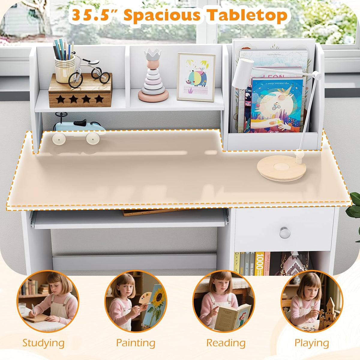 Costzon Kids Desk, Wooden Children Study Desk w/Hutch, Storage Shelves, Bookshelf & Keyboard Tray for Home School Writing or Reading, Computer Workstation Student Table for Boy Girl 3-6 (Gray)