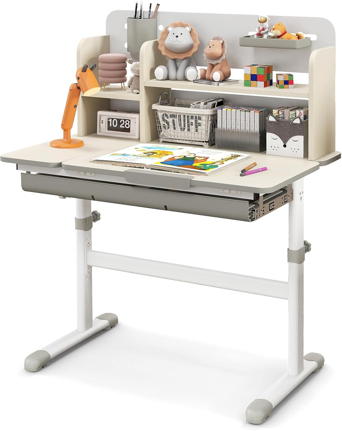 HONEY JOY Kids Desk, Children School Study Desk w/ 7-Level Tiltable Desktop, Height Adjustable Table w/Bookshelf, Pull-Out Drawer & Pen Holder, Student Writing Workstation, Desk for Girls Boys (Gray)