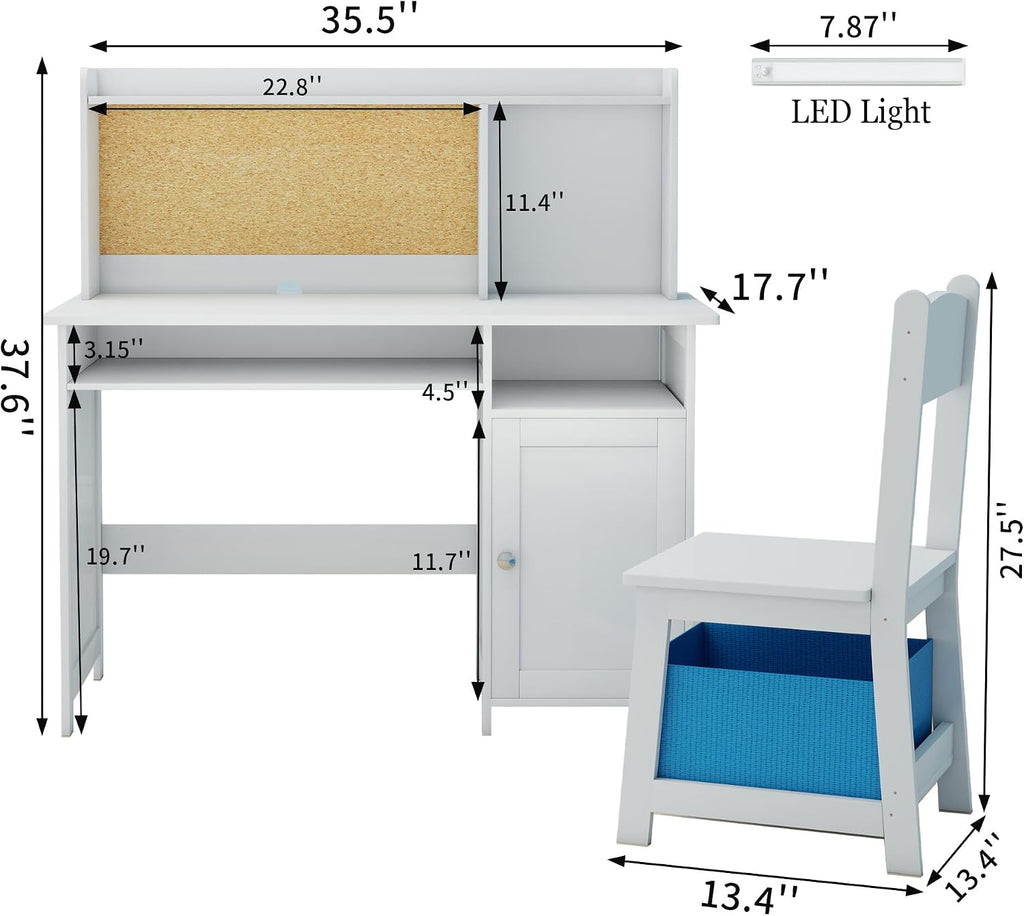 Kids Desk and Chair Set with Cork Board & Removable LED Light, White