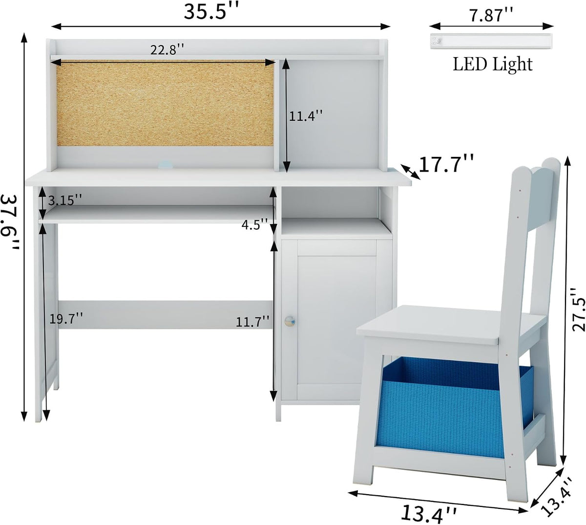 Kids Desk and Chair Set with Cork Board & Removable LED Light, White