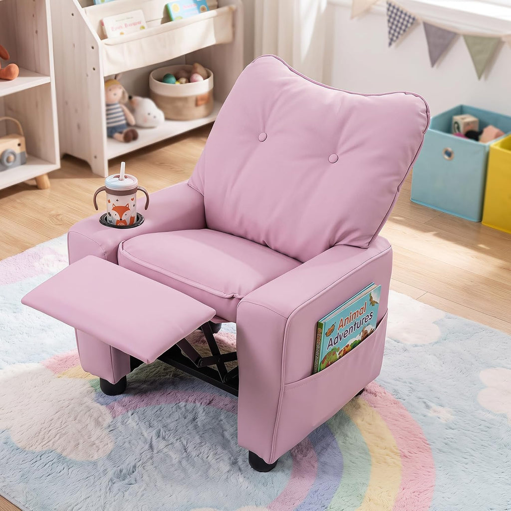 HONEY JOY Kids Recliner, PU Leather Toddler Sofa for Ages 3+ (Pink)