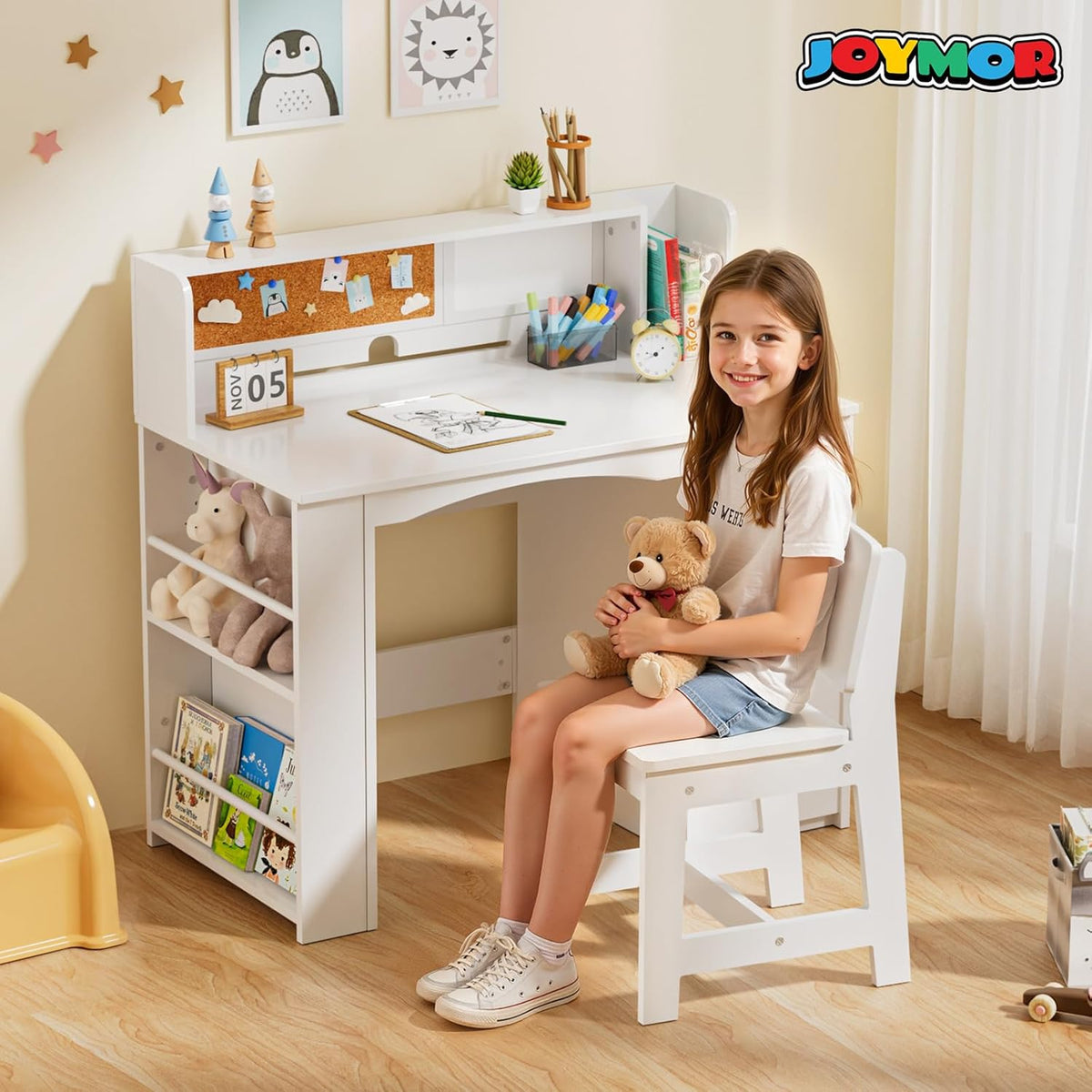 JOYMOR Kids Desk and Chair Set with Bookshelf & Storage Cabinet (Extra Large)