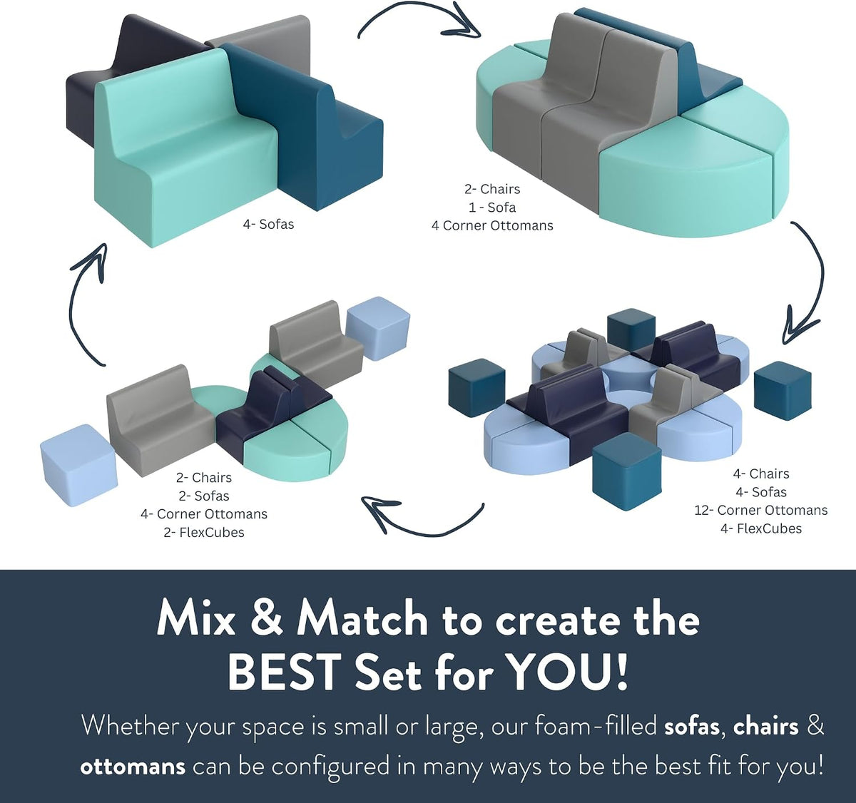 Children's Factory Medium Contour Sofa, Mix-and-Match Kids Chairs, Sofas, Corner Ottomans and Cubes, Foam-Filled and Water-Resistant, Flexible Seating for Classroom Elementary, Fog Blue Kids Couch