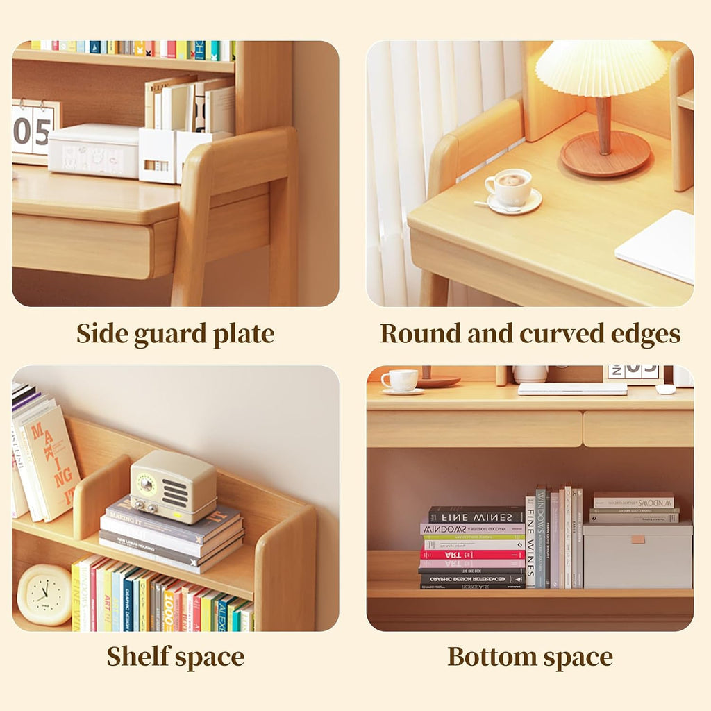 Kids Study Desk with Bookshelf＆Two Drawers for 3-8 Years Old, Height Adjustable Child's School Study Writing Tables Wooden Children's Study Table & Small Writing Desk for Boys and Girls, Natural