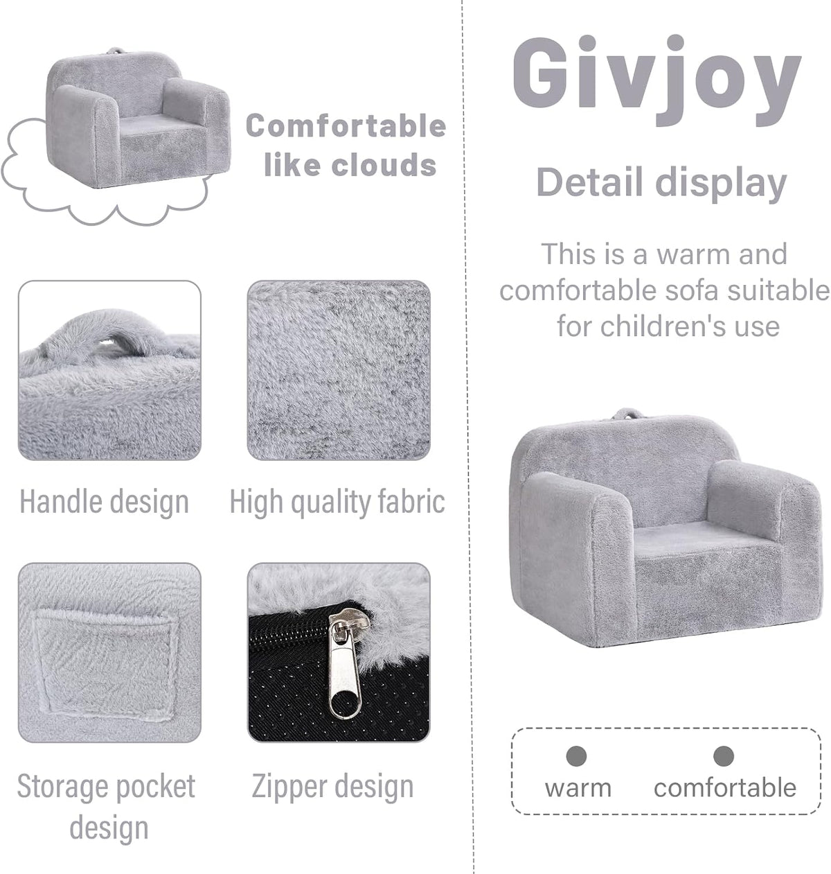 Kids Chair Plush Kids Couch, Comfy Kid Sofa Chair for Playroom, Convertible Child Couch for Playroom, Girls and Boys, Reading Chair for Kids Grey