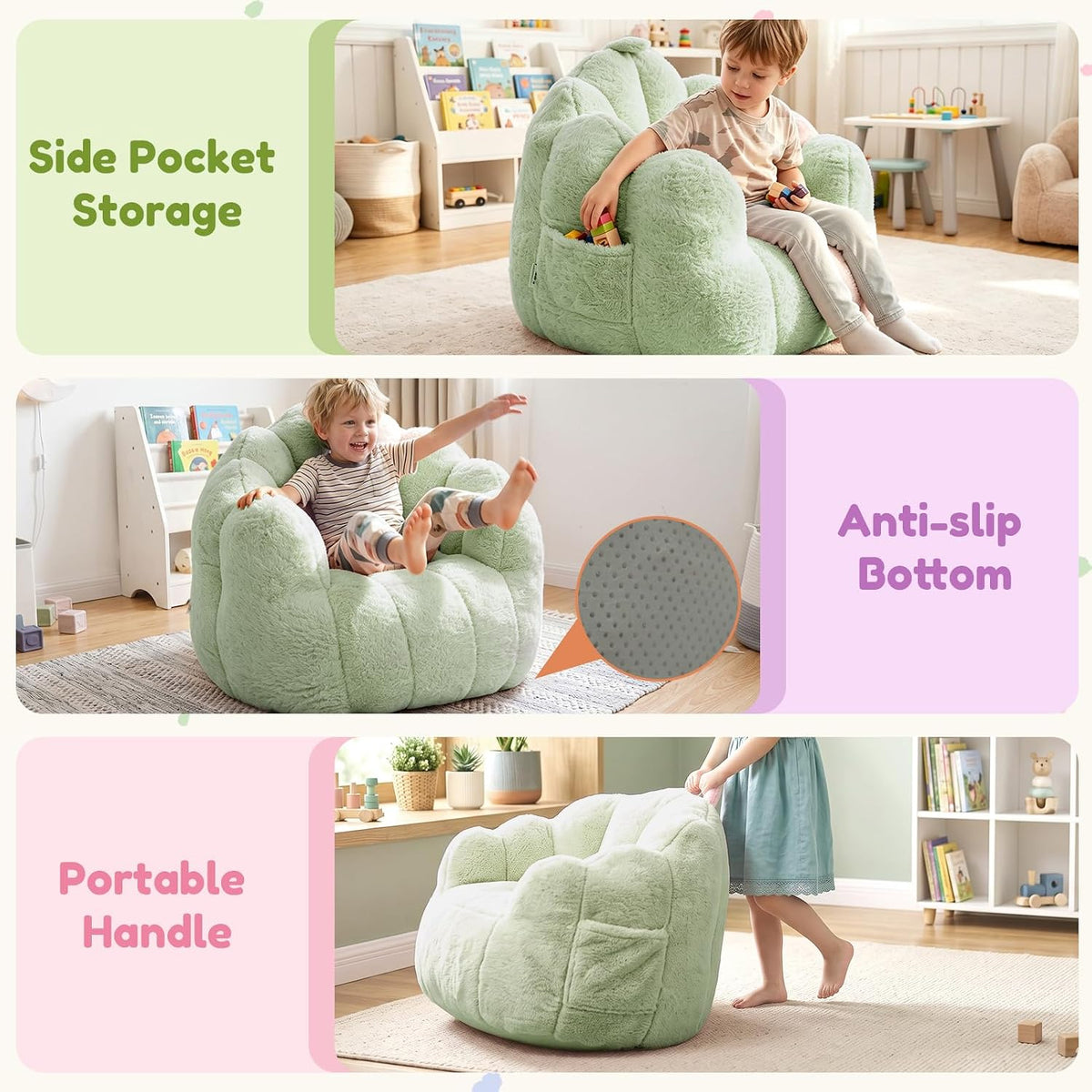 Kids Bean Bag Chair, Comfy Bean Bag Sofa with Handle for Boys Girls, Green