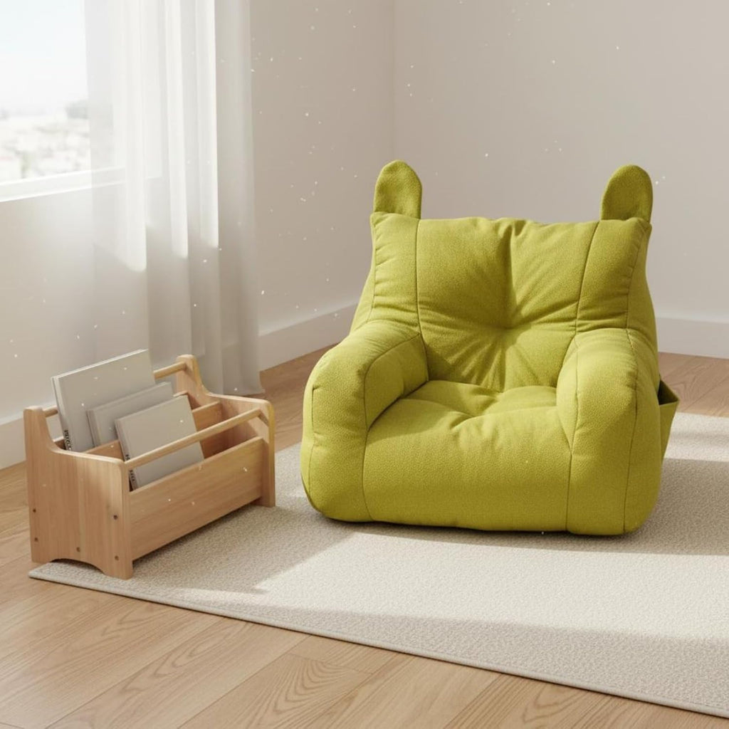 Children Reading Sofa Armchair Lounge Chair Bear Seat Soft Linen Upholstered Cushion Wooden Frame Suitable for Bedroom Living Room Nursery, Green