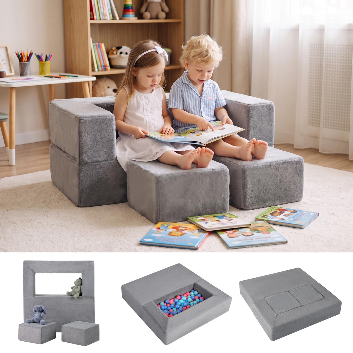 INFANS Modular Kids Play Couch, 6 PCS Toddler Creative Sectional Fort Building Sofa for Playroom, Bedroom, Children Convertible Soft Foam Furniture Playset and Floor Cushion for Boys and Girls