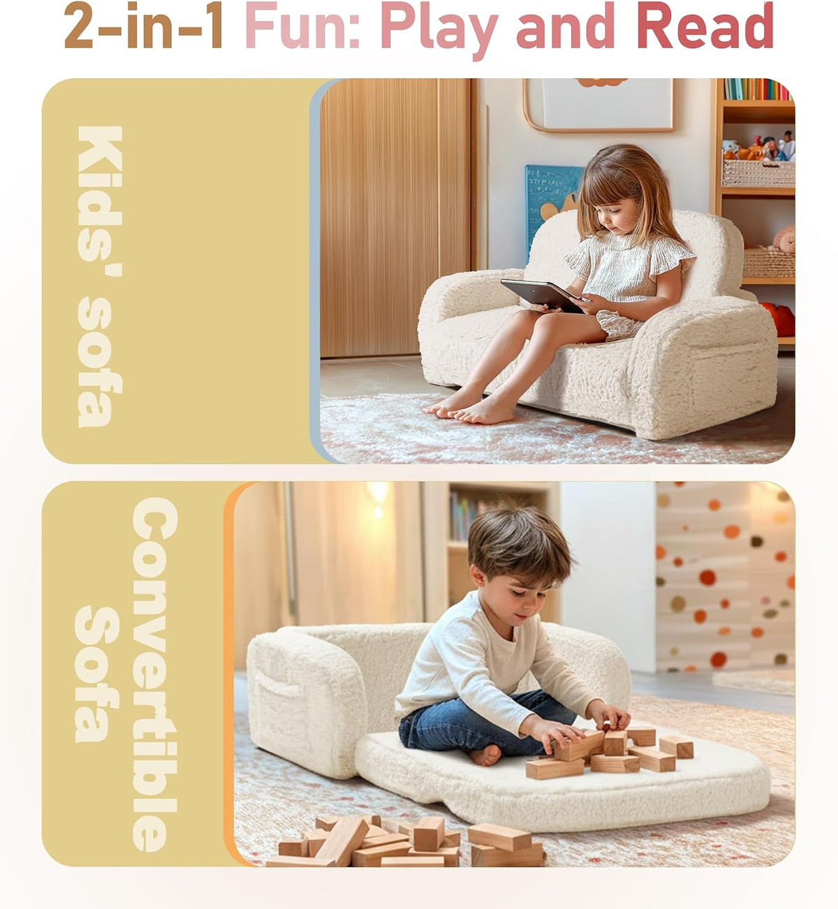 little dove 2-in-1 Sherpa Fold Out Kids Couch, Extra Wide Comfy Kid Chair, Convertible Kids Sofa, Foldable Kid Couch with High Density Foam for Boys & Girls, Beige