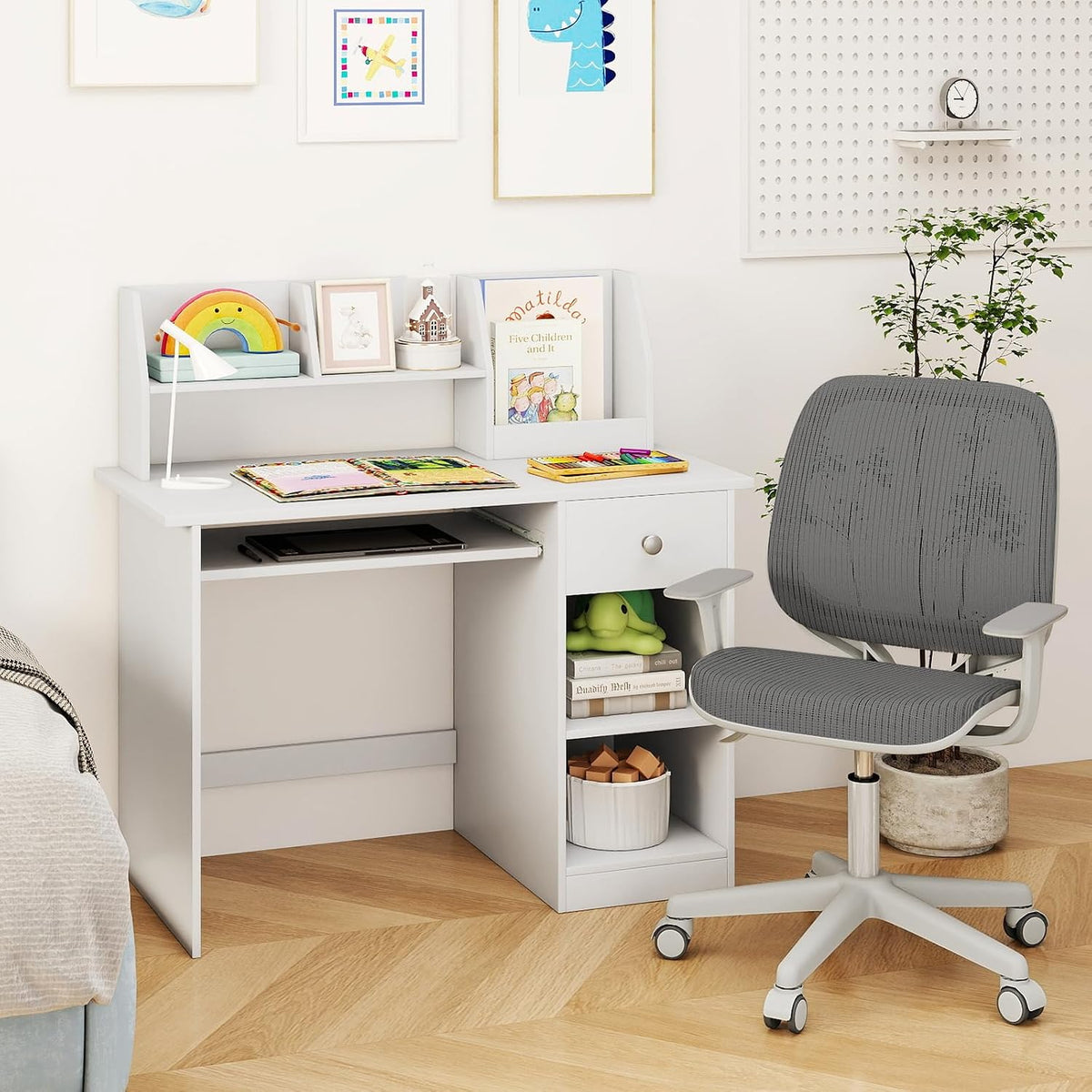 GLACER Kids Desk, Wooden Children Study Table with Hutch, Drawer, Storage Shelves & Keyboard Tray for Home School Writing, Drawing or Reading, White Computer Workstation Writing Table for Girls Boys