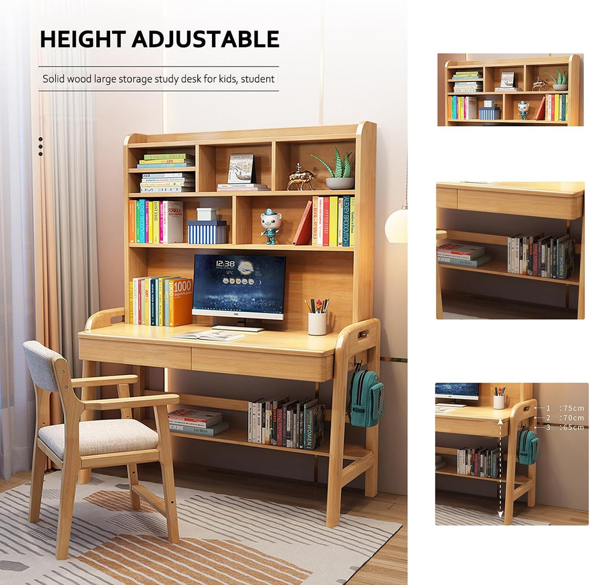 Kids Desk with Bookshelf, Height Adjustable Childrens Desk and Chair Set for 8-12 Year Old, Student Desk with Shelves, Drawer and Hooks, Large Storage Walnut Color 100cm Desk