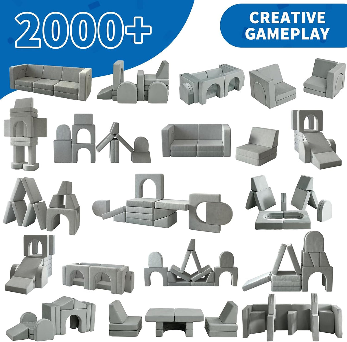 wanan Kids Couch 13PCS, Modular Kids Play Couch for Playroom Bedroom, 13 in 1 Multifunctional Kid Sofa for Playing, Creativing, Sleeping, Indoor Toddler Couches for Boys and Girls(Grey)