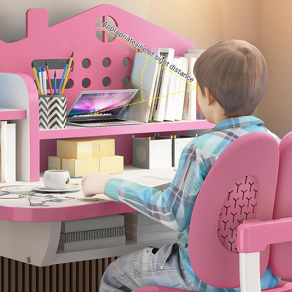 Kids Desk and Chair Set, Height Adjustable, Castle Backboard, Girls Desk with Bookstand and Storage Drawer, Widened Desktop (Pink)