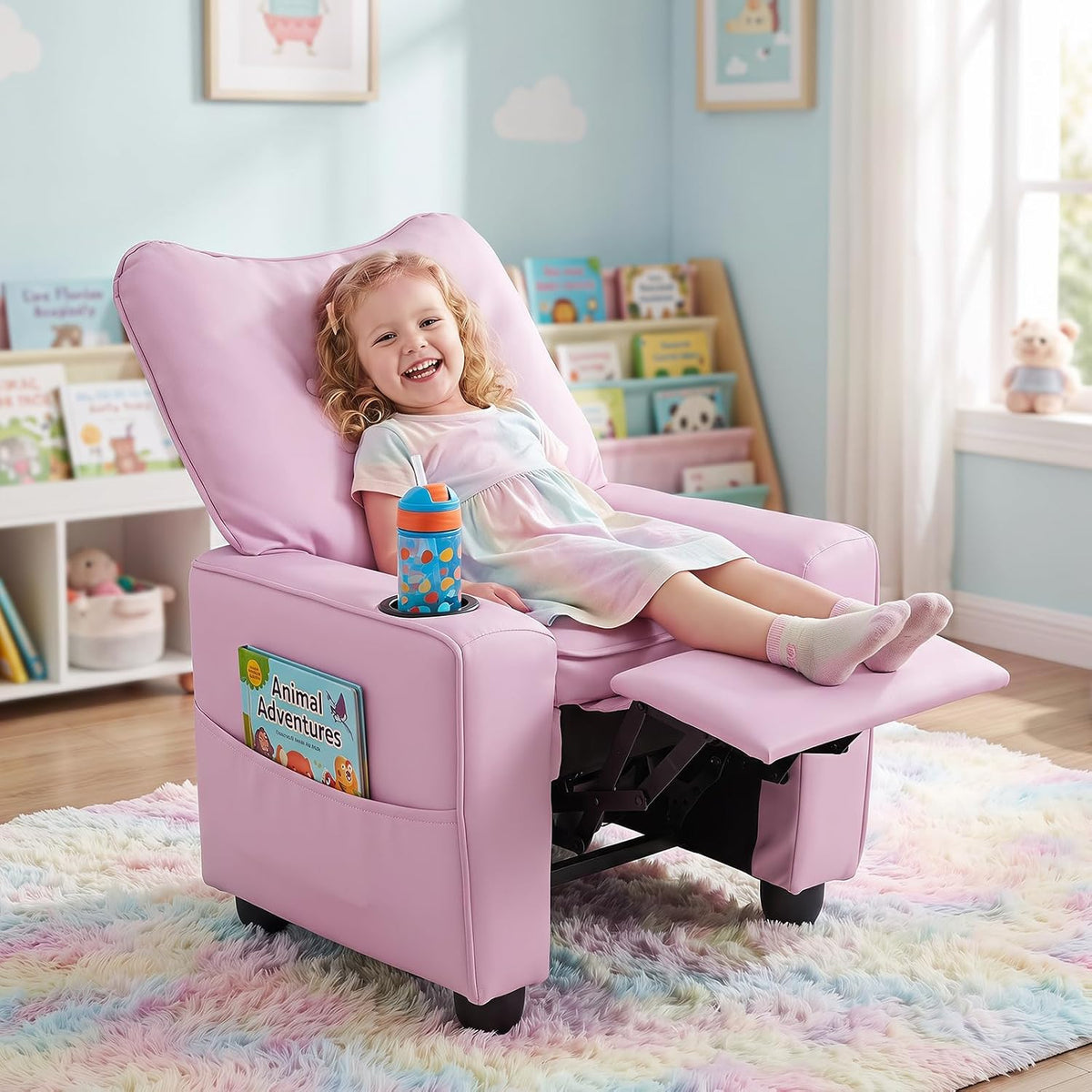 HONEY JOY Kids Recliner, PU Leather Toddler Sofa for Ages 3+ (Pink)