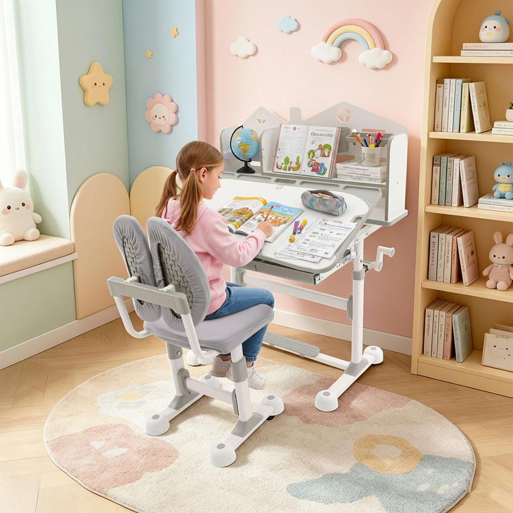 31.5'' Adjustable Kids Desk with Tilting Desktop & Bookshelf Hutch(Gray)