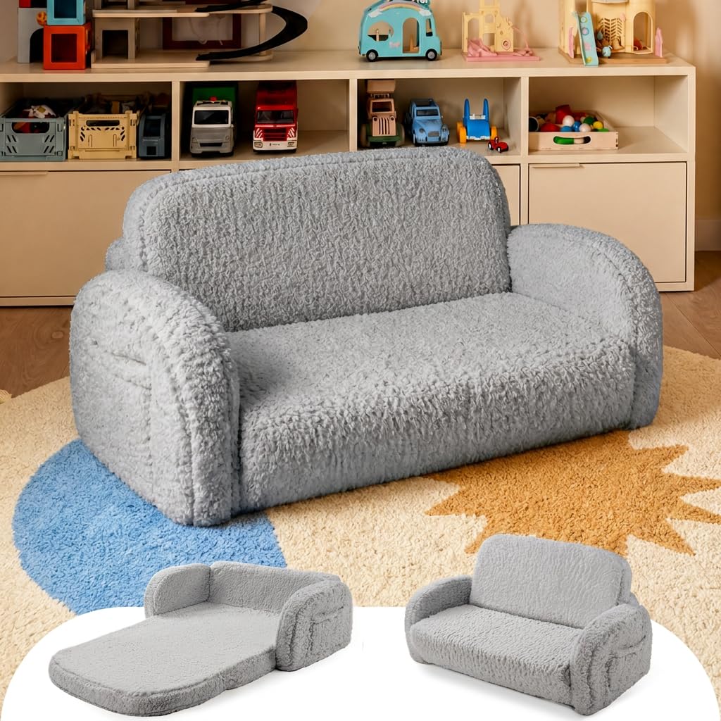 little dove 2-in-1 Sherpa Fold Out Kids Couch, Extra Wide Comfy Kid Chair, Convertible Kids Sofa, Foldable Kid Couch with High Density Foam for Boys & Girls, Beige