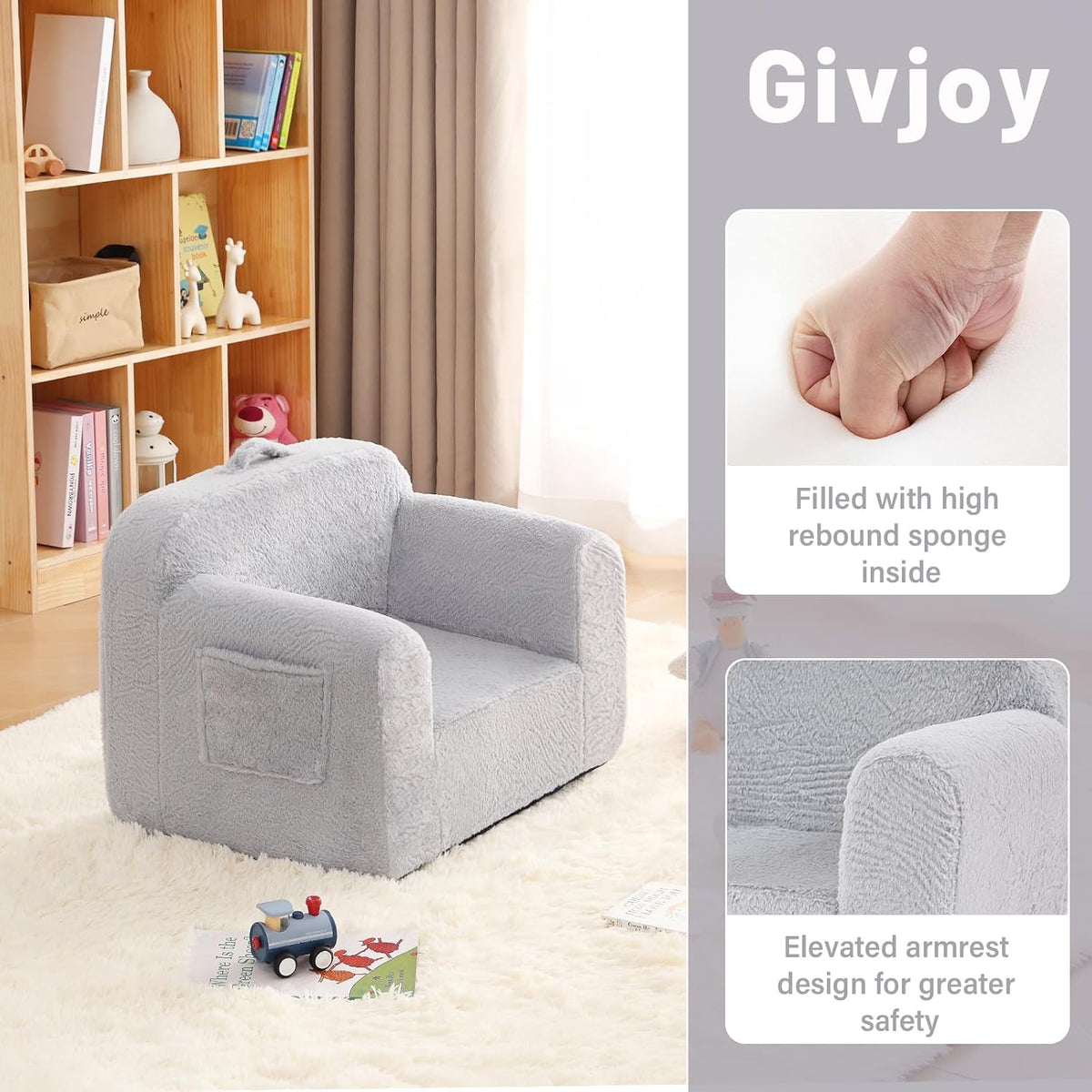 Kids Chair Plush Kids Couch, Comfy Kid Sofa Chair for Playroom, Convertible Child Couch for Playroom, Girls and Boys, Reading Chair for Kids Grey