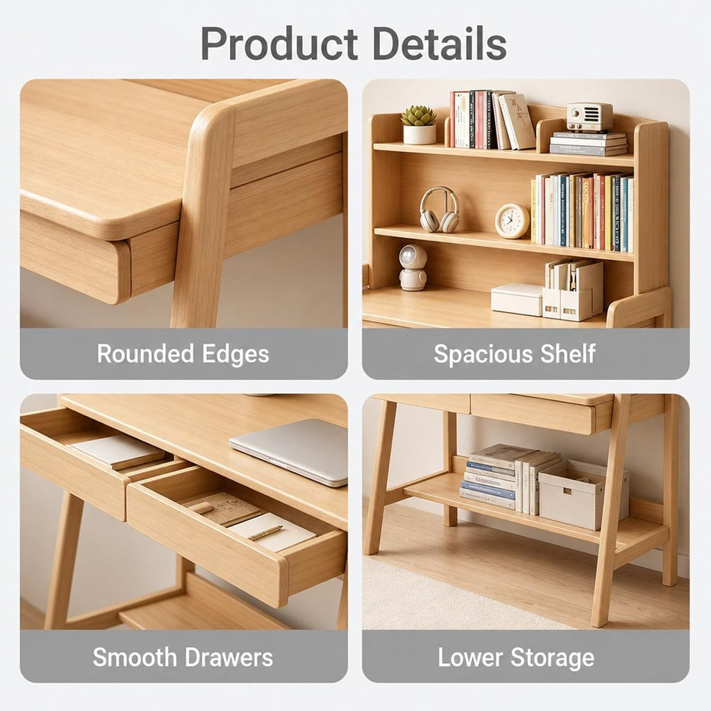 Solid Wood Desk with Hutch, 36.6" Home Office Writing Desk with 2 Drawers & Open Bookshelf, Study Table with Rounded Edges & Thickened Panel, Ideal for Kids/Adults Bedroom, Small Space