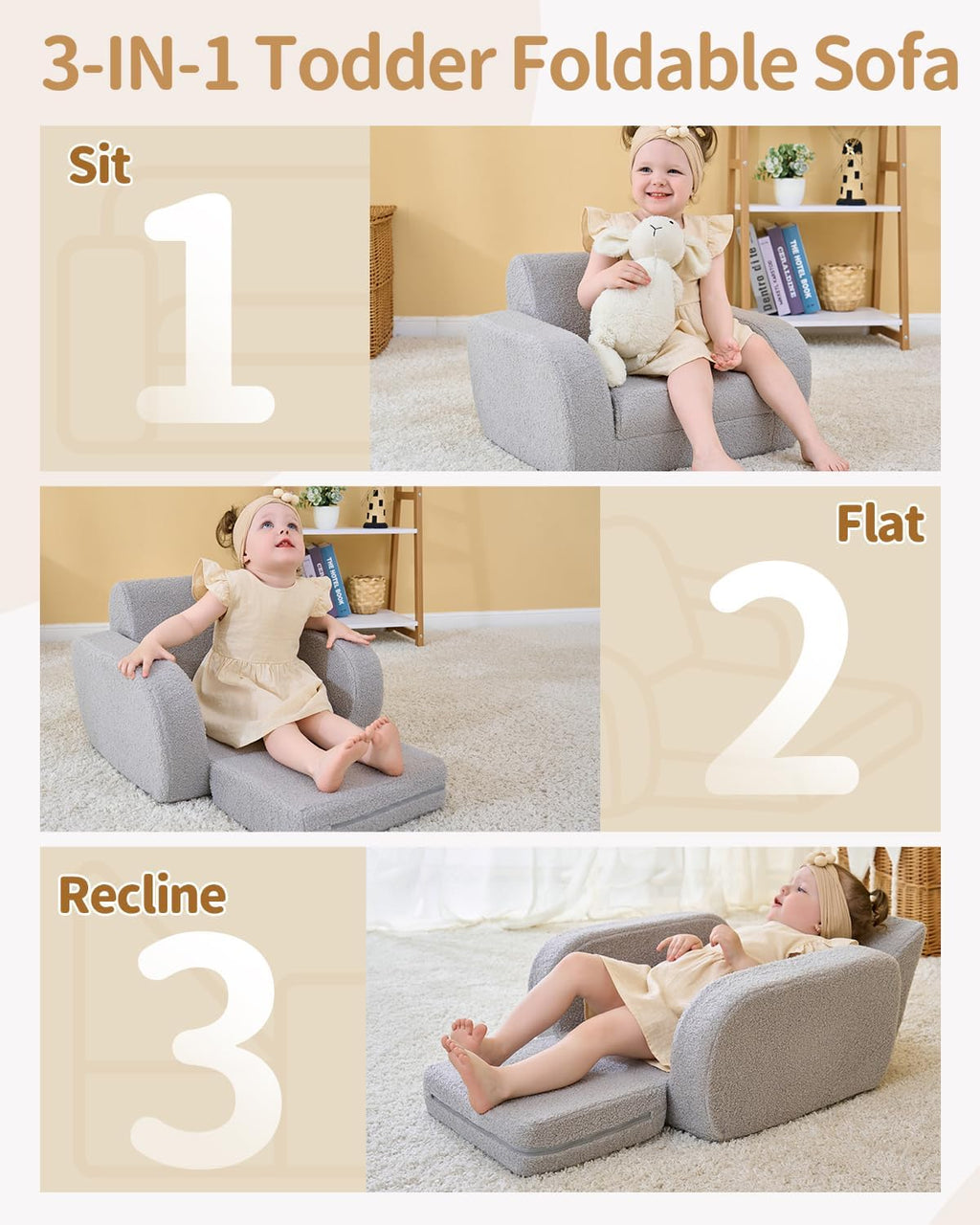KidBloom 3-in-1 Toddler Couch, Toddler Chairs Comfy 2-3 Years Old, Gray