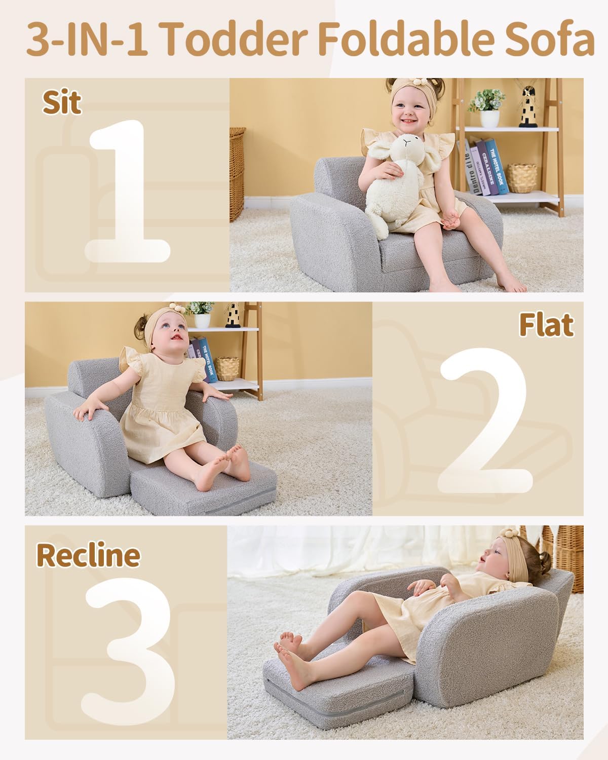 KidBloom 3-in-1 Toddler Couch, Toddler Chairs Comfy 2-3 Years Old, Gray