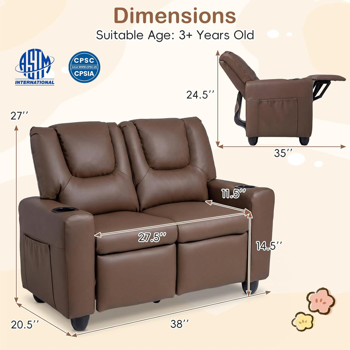 Costzon 2-Seater Kids Recliner, PU Leather Kids Loveseat w/2 Cup Holders & 2 Side Storage Pockets, Toddler Lounge Sofa Chair Couch w/Adjustable Backrest & Footrest for Girls & Boys 3+ Years Old Gifts