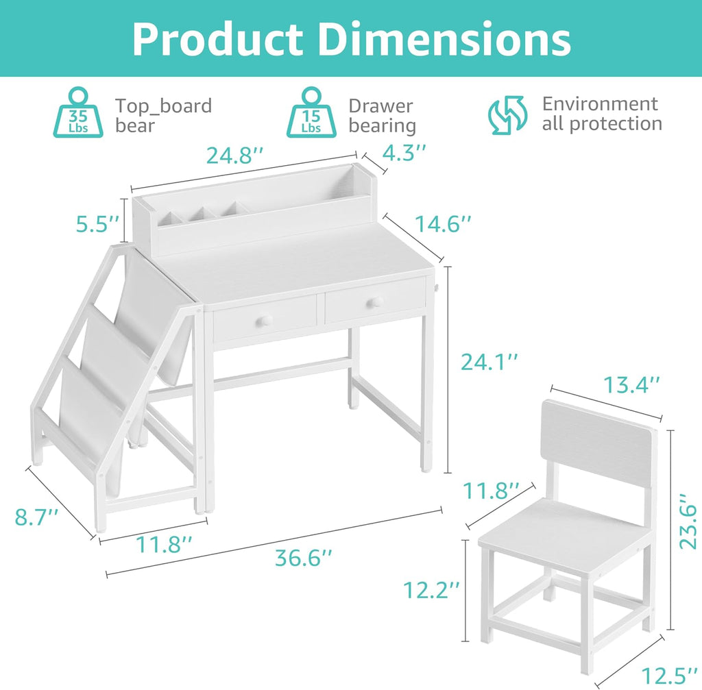 White Kids Desk and Chair Set for 5-8 Year Old Girls Boys, Small Child Desk with Bookshelf, Children Study Table with Fabric Drawer and Storage